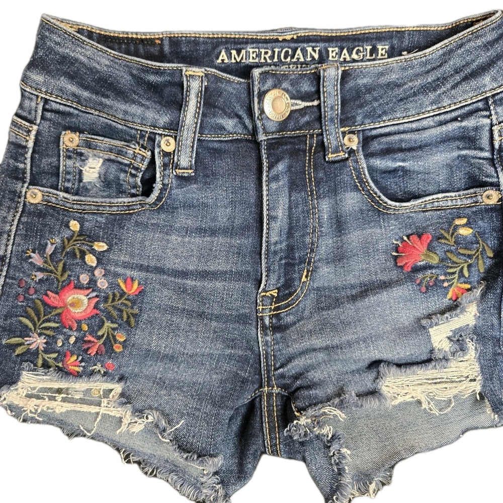 American Eagle Hi-Rise Shorts Distressed Embroidered Floral Denim Womens 00